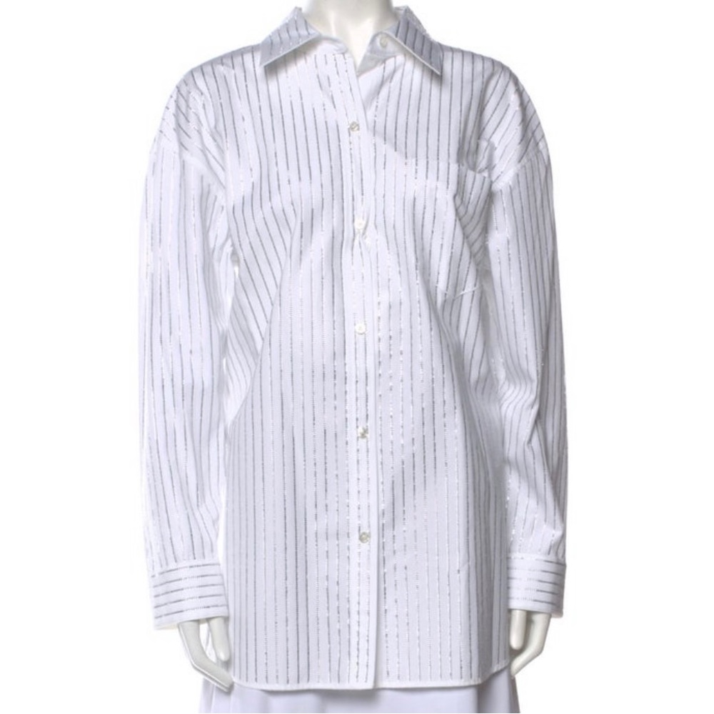 Alexander Wang Crystal Striped Long Sleeve Button-Up Top w/ Tags white NWT